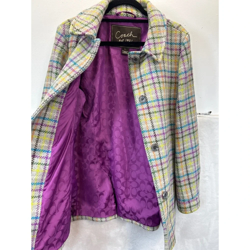 Coach 1941 Wool Coat Womens L Multicolor Tattersall Tweed Plaid Purple Lining - Picture 3 of 10